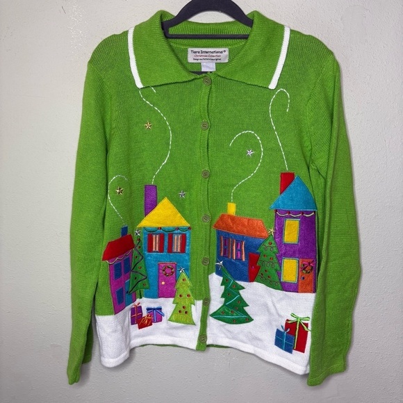 Tiara International Sweaters - Tiara International Festive Green Cardigan with Colorful House Design Size Small